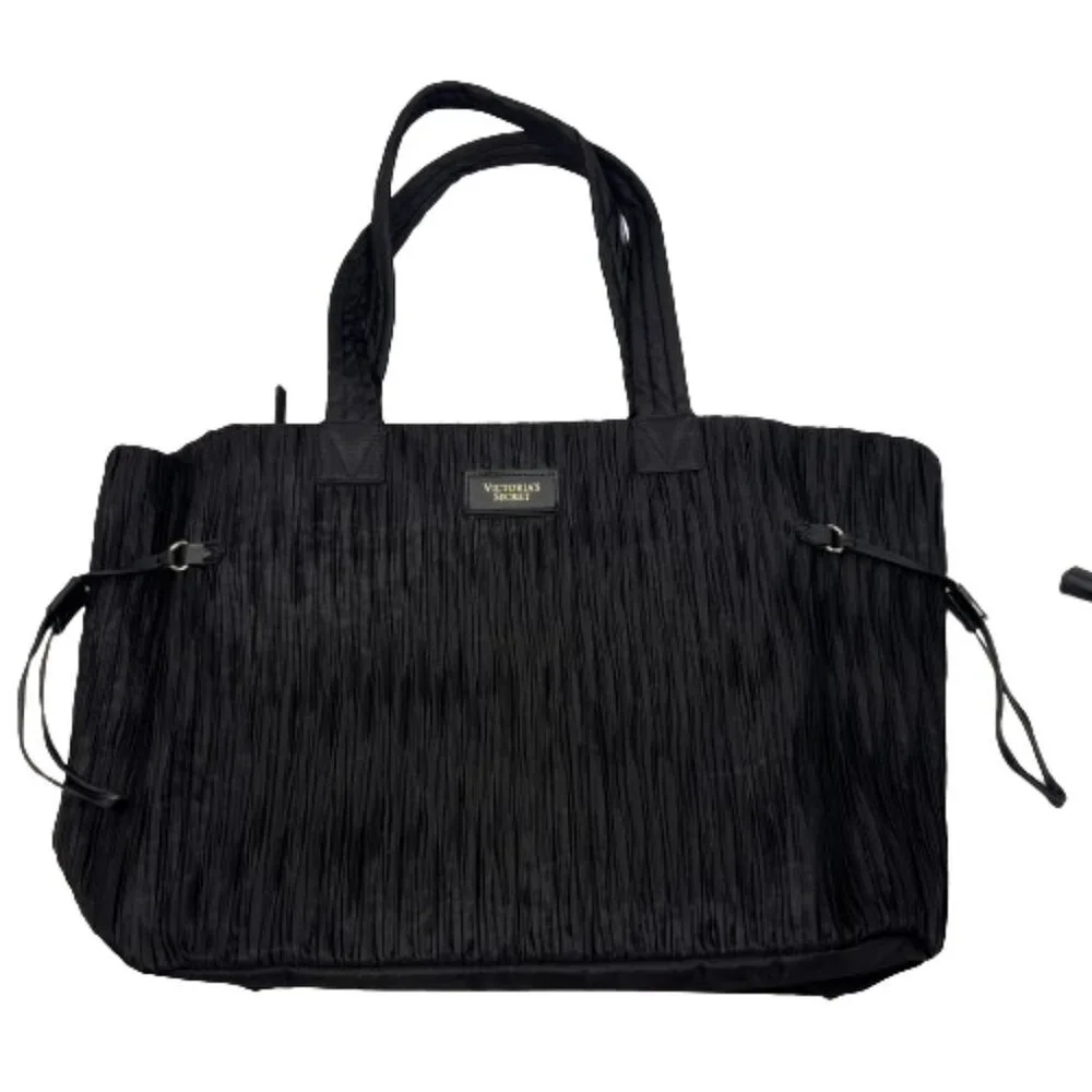 Victoria's Secret Womens Tote Bag Crinkle Nylon‎ Black Travel Vacation Weekend